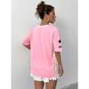 Pink women's T-shirt, digital print V-neck loose fit top, fashionable sporty short-sleeved shirt
