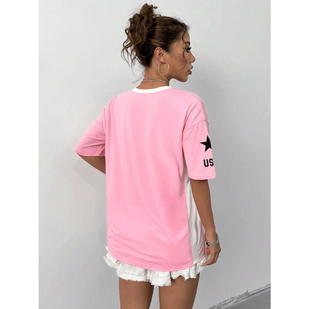 Pink women's T-shirt, digital print V-neck loose fit top, fashionable sporty short-sleeved shirt