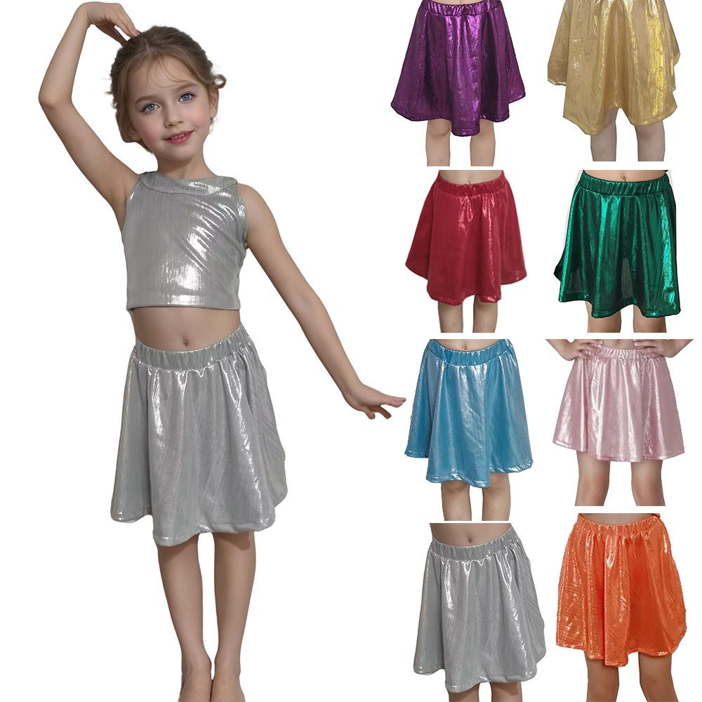 Girls Pleated Skirt Elastic Waistband Dance Skirt with Foil Laser Shine Finish Kids Skirt for Ballet Performance and Costume Use