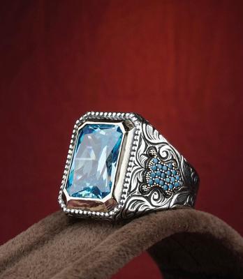 Hecheng Retro Ethnic Style Ring with Sea Blue Zircon Inlay