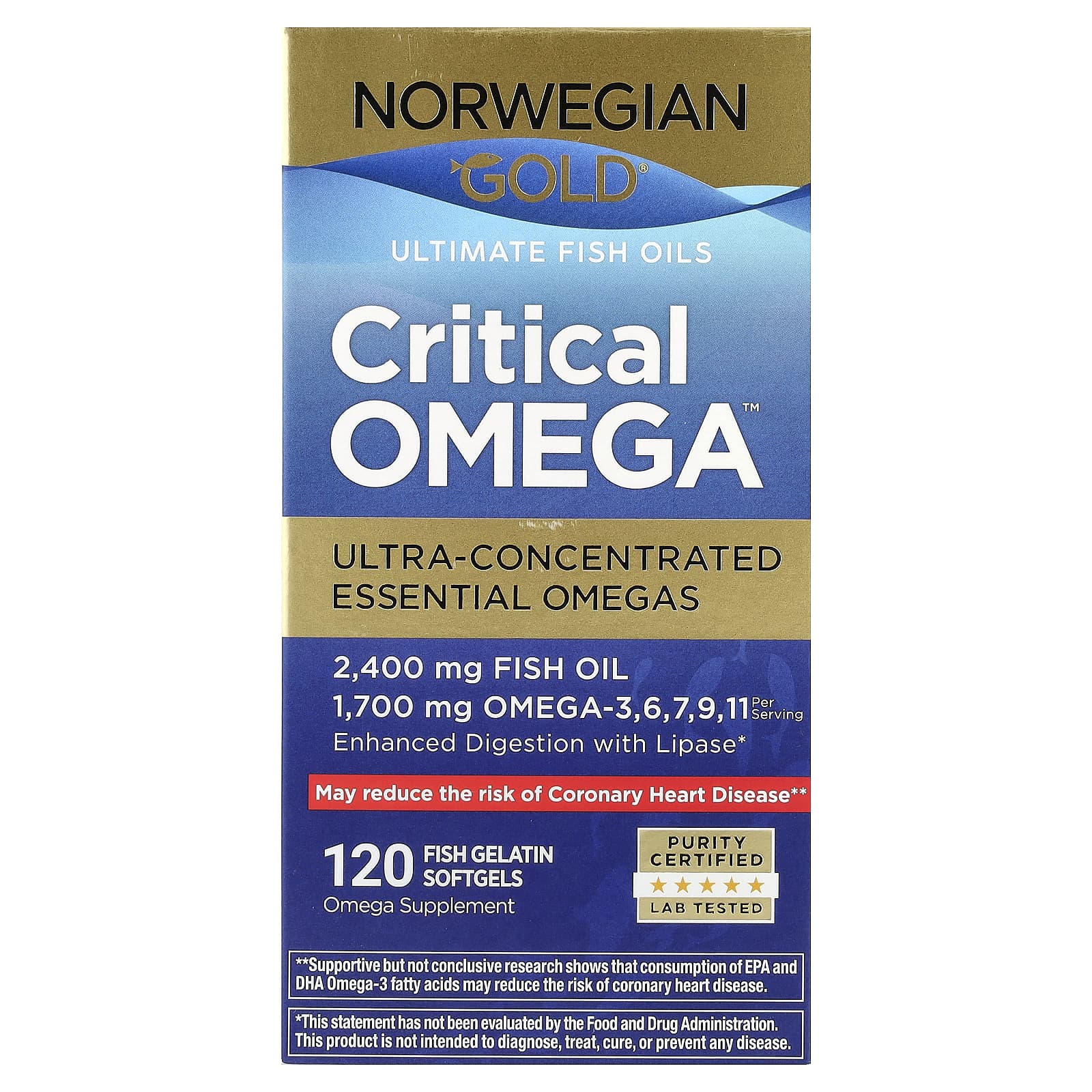 

Renew Life, Norwegian Gold®, Critical Omega™ Ultimate Fish Oil, Fish Gelatin Softgels, 120 Softgels