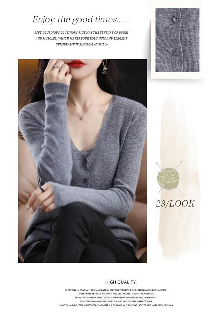 Women's 100% Pure Wool V-Neck Cardigan - Solid Color, Button-Up, Loose Fit Knitwear