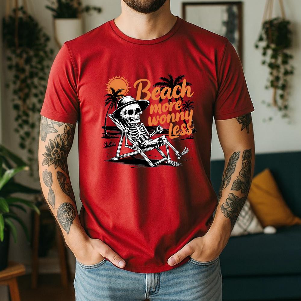 New Summer Unisexs 100 Pure Cotton TShirt Beach More Worry Less Retro Skeleton Style Casual Breathable Short Sleeve
