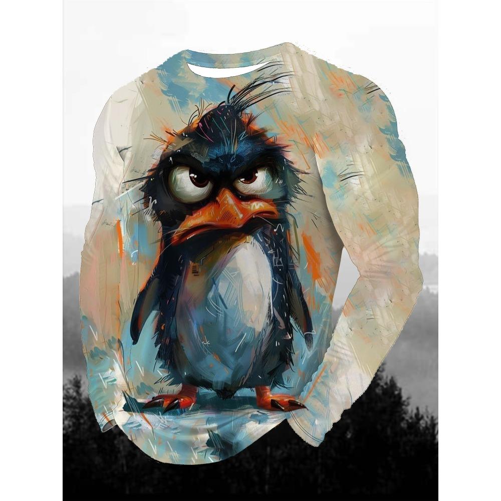 Funny Animal Design Retro Men 3D Printing Street Casual Daily Gray Long Sleeved Round Neck Shirt Spring And Autumn Clothing