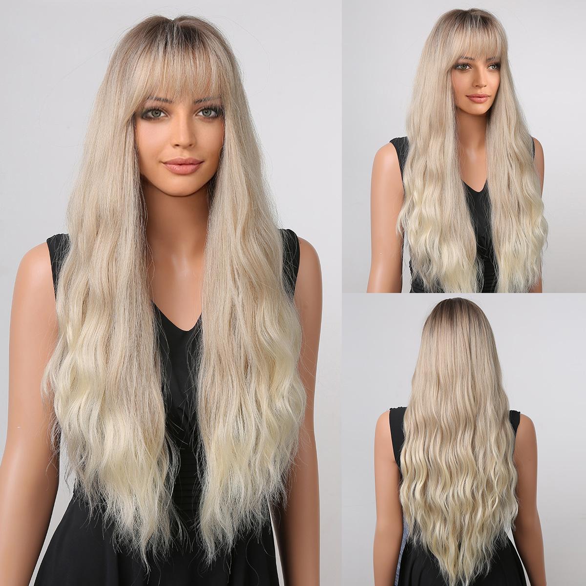 

ALAN EATON Довга хвиляста коричнева перука з чубчиком Синтетичні перуки для темношкірих жінок Термостійке волокно Косплей Парука з натурального волосся