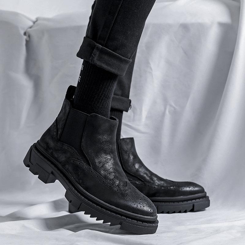 fashion brogue chelsea boots for men genuine leather bullock shoes cowboy platform boot designer vintage ankle botas man botines