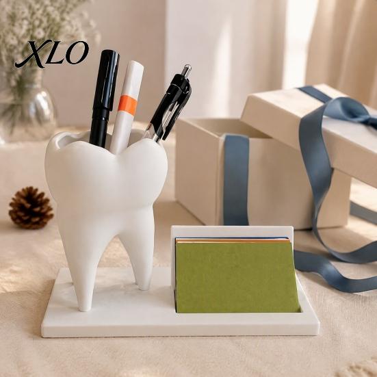 Study Desk Decor 3D Printed Tooth Pen Holder with Business Card Holder, 2 in 1 Stable Countertop Storage Teeth Shape Organizer, Dentist Office Desktop