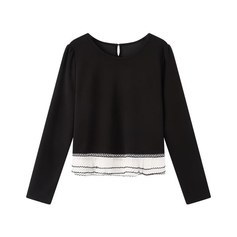 La Chapelle Women's Contrast Pleated Hem Long Sleeve T-Shirt