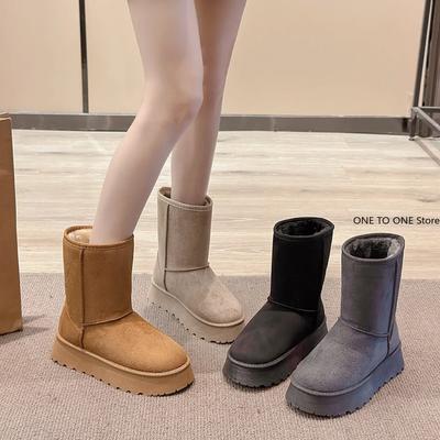 Bottes de Neige Chaudes en Cuir Daim pour Femmes 2024 Hiver Nouvelles Décontractées Peluche Douce Anti-froid Bottes Grande Taille Chaussures à Plateforme pour Femmes Plateforme