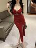 Lace Patchwork High Slit Spaghetti Strap Dress - Sexy Slim Fit, Open Back, Low Cut Evening Wear for Women
