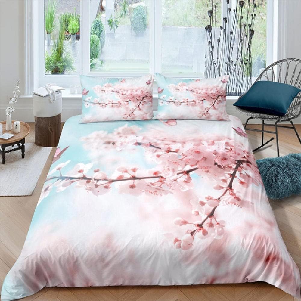 Cherry Blossoms Bedding Set for Boys Girls Japanese Style Floral Botanical Comforter Cover Twin King Sakura Flower Duvet Cover