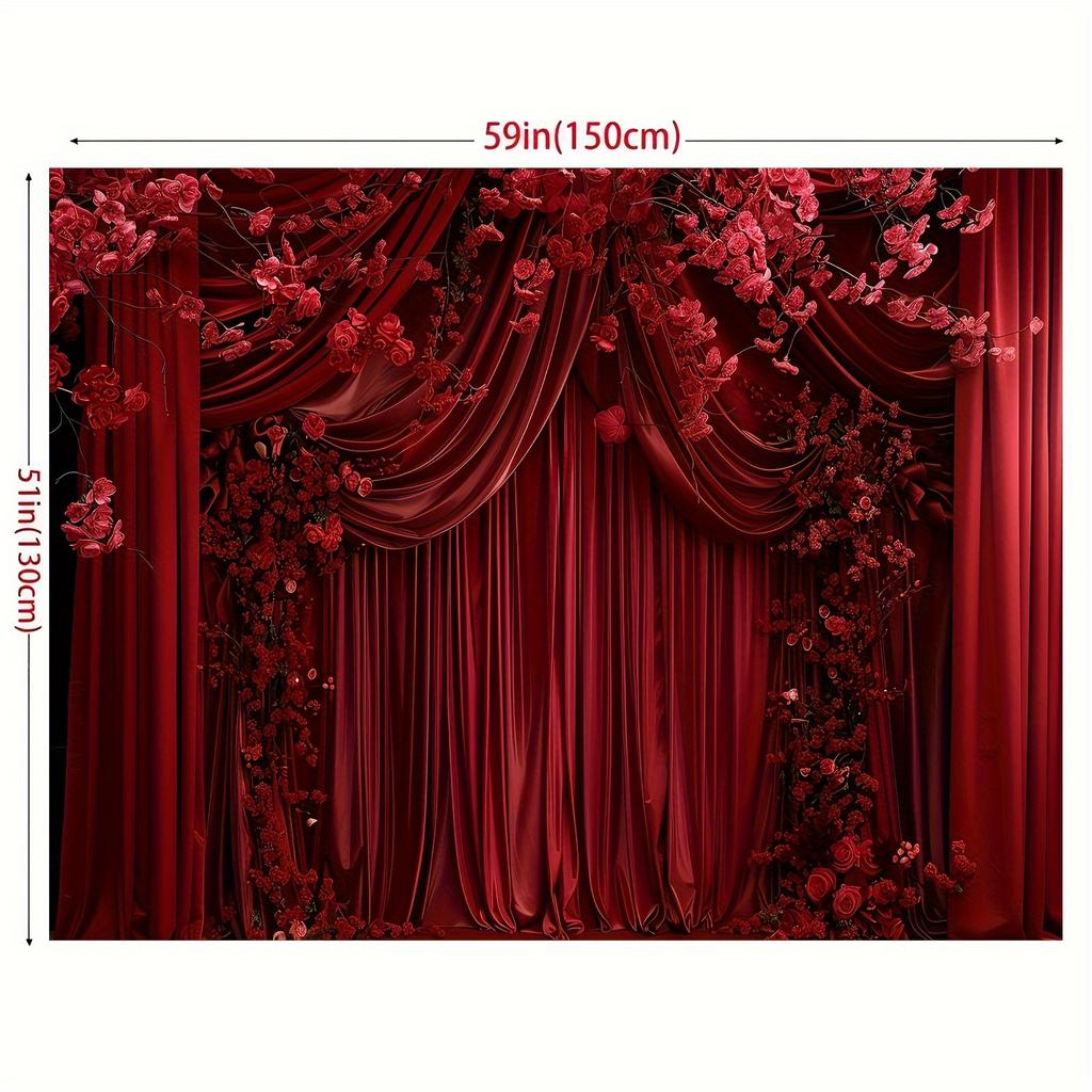 Red Curtain Background with Floral Design, Party, Wedding, Photography, Home Decor, Versatile for All Occasions and Seasons