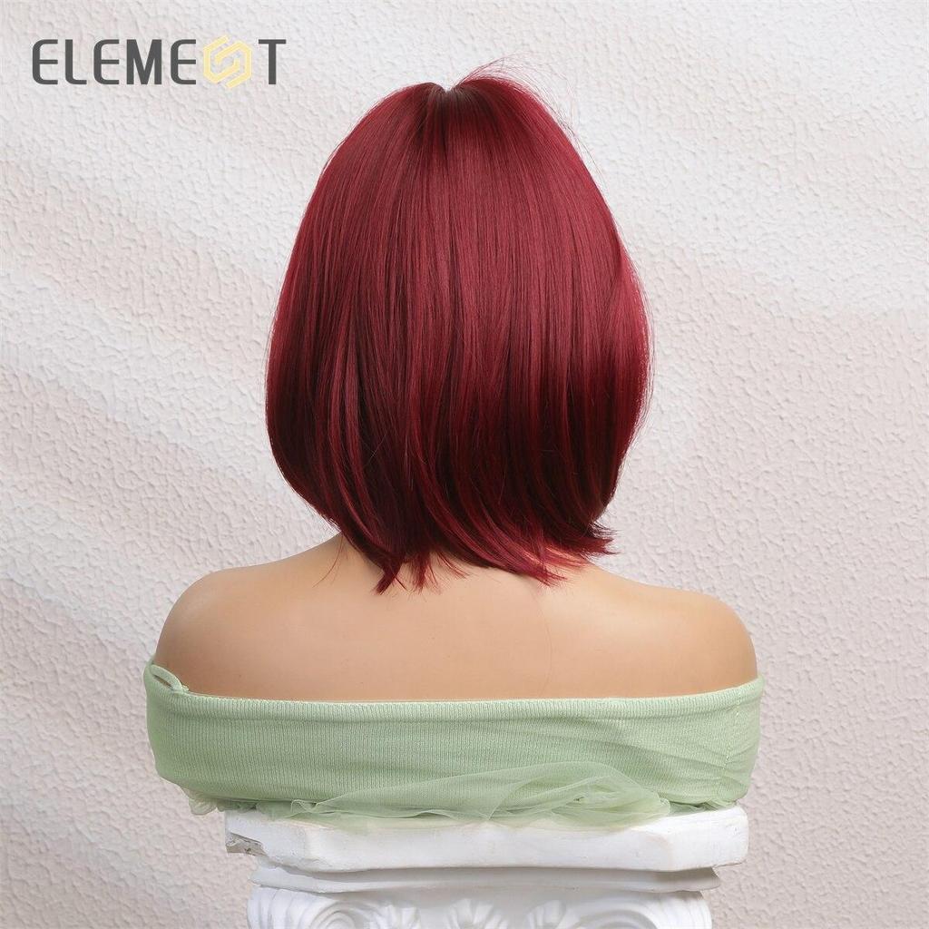 Paruka Bob Lucu Rambut Warna Merah Anggur Lurus Pendek Sintetis Elemen untuk Pesta Paruka Wanita Putih/Hitam atau Pakaian Sehari-hari