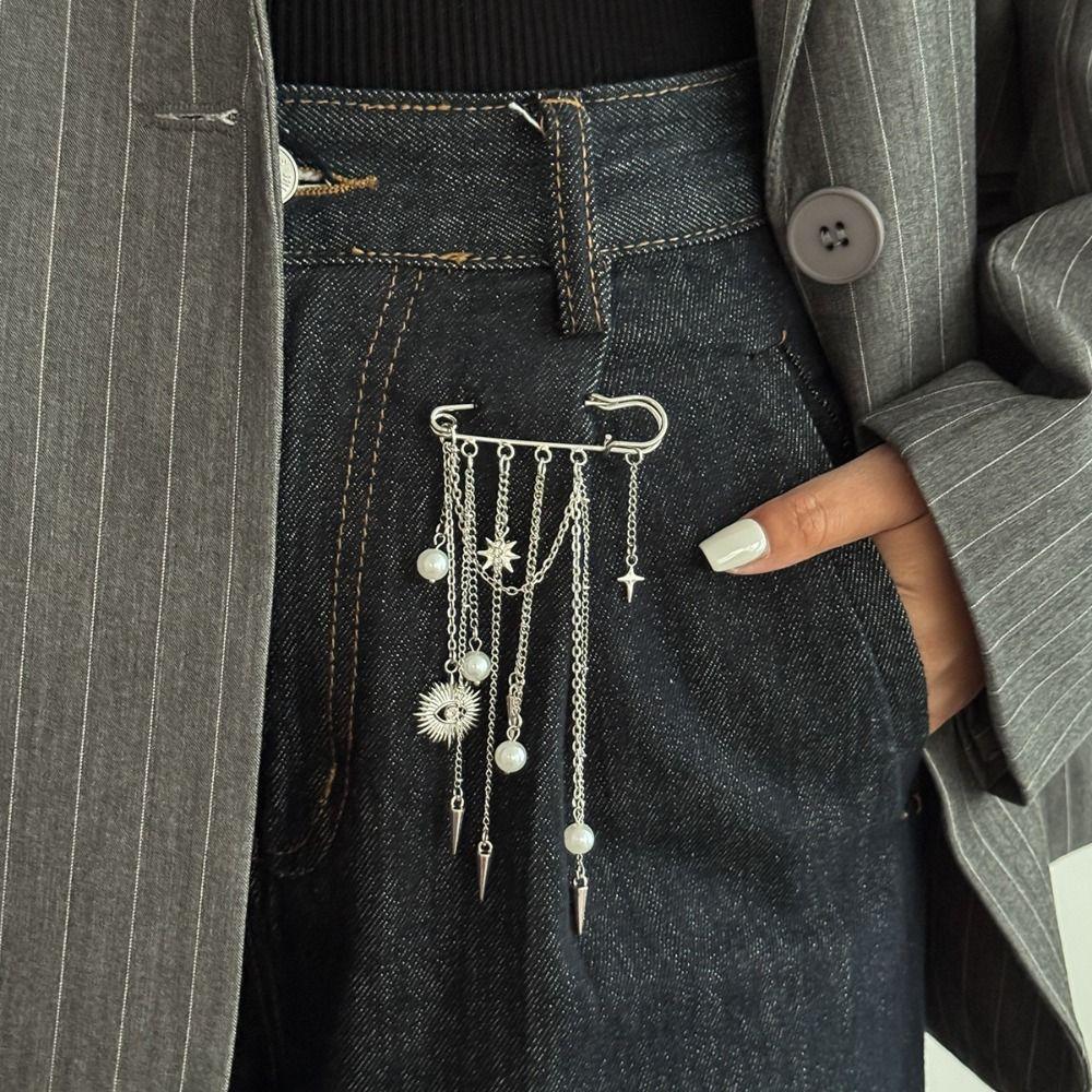 Faux Pearl Metal Chain Pendant Adjustable Length Charm Trousers Pins Man Personality