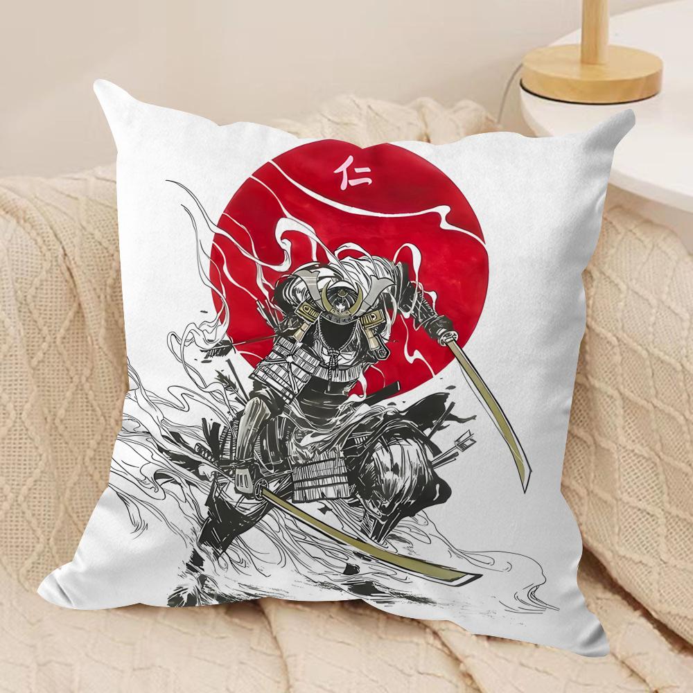 Japanese Style Ink Samurai Cushion Cover Silky Short Plush Invisible Zipper Dustproof Sofa Pillow Case for Home Decor