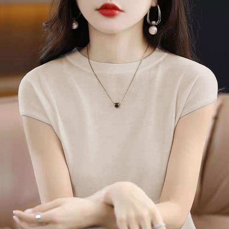 Women Green Crew Neck Cap Sleeve Solid Color Casual Knit T Shirt