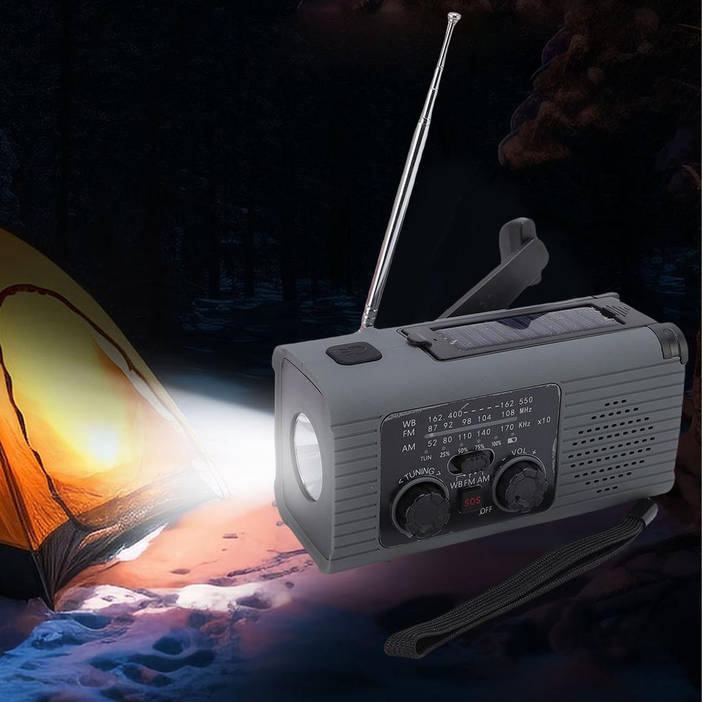Solar Crank Radio Emergency LED Flashlight Cell Phone Charger 2000mAh Portable Rechargeable AM FM NO