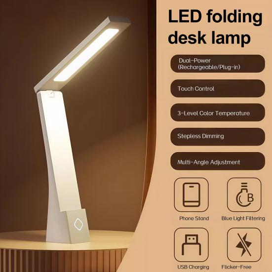 LED Desk Lamp Touch Control Foldable Table Lamp 3 Color Stepless Dimmable Bedside Light for Living Room Dorm Home Office