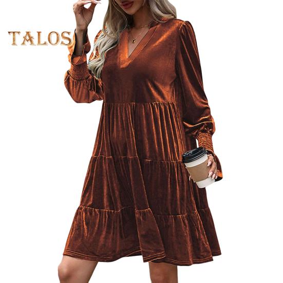 

Весна Осень Женское Платье Золотого Бархата V-образный вырез Плиссированные Лоскутные Длинные Рукава А-силуэта Однотонный Цвет Длина До Колена Знакомства Шопинг Платье Миди L оранжевый