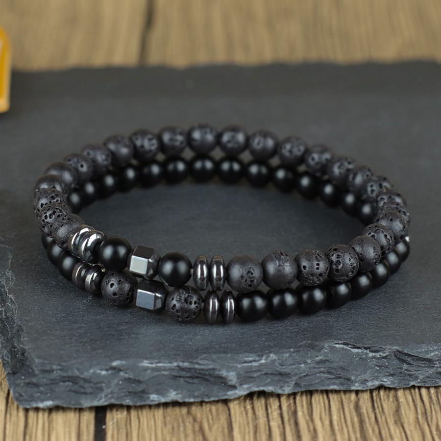 Noter New Design Mens Bracelet With Stone 2Pcs/Set 6mm Volcanic Rock Turquoise Hematite Yoga Meditation Healing Braslet Homme