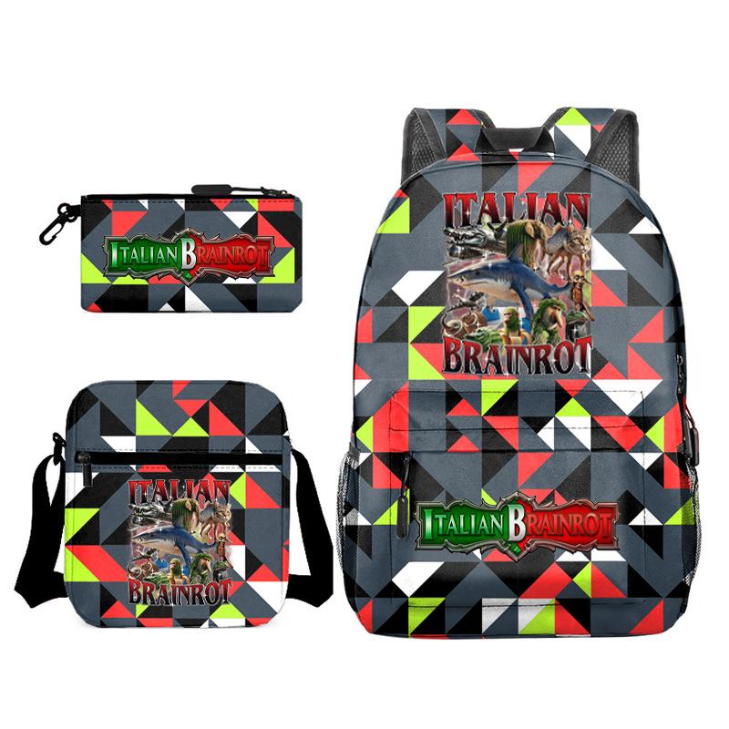 Abstract Foreign Shanhaijing Schoolbag Tongtongsahur Cartoon Primary School Student Backpack Three-piece Set D