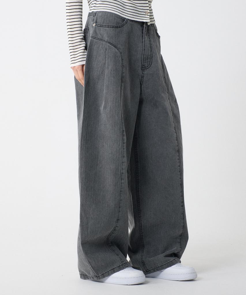 UNKNOWN PLANET Side Cut Tuck Pleat Wide Pigment Cotton Pants Gray