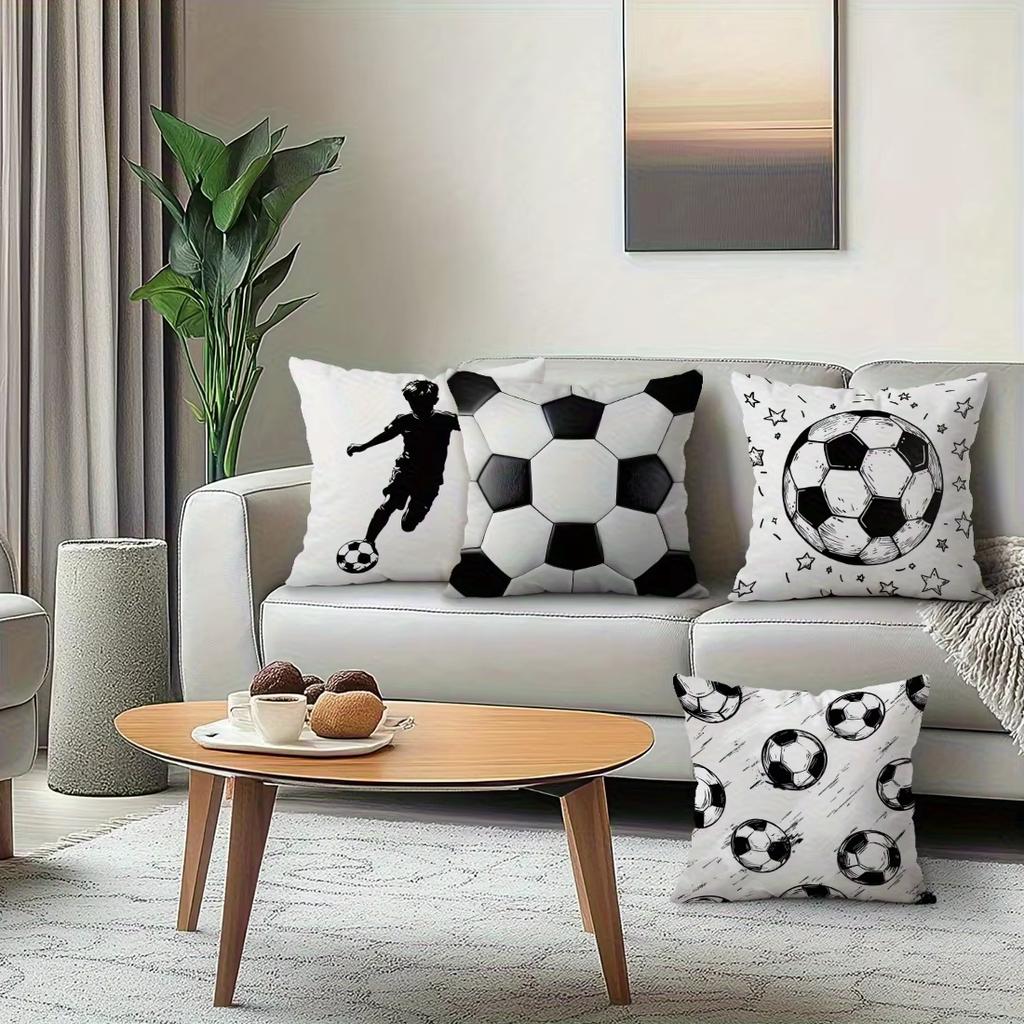 Soccer Football Pillowcase 2D Flat Printed Peach Skin Pillow Cover Black White Sports Theme Cushion Case for Boys Bedroom Sofa