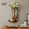 Wooden Floral Container for Dried Flowers Cowboy Boots Wall Planter Indoor Plants, Western Boot Flower Hanging Vase Mounted Artificial Faux