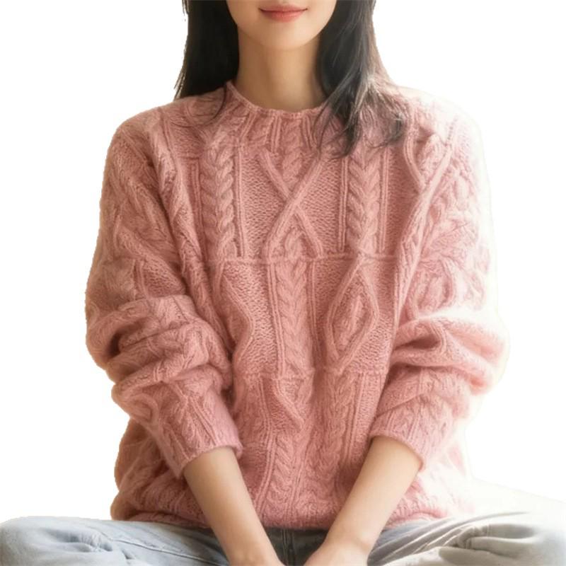 Korean Retro Cable Knit Round Neck Pullover Sweater - Autumn 2025 Casual Loose Fit