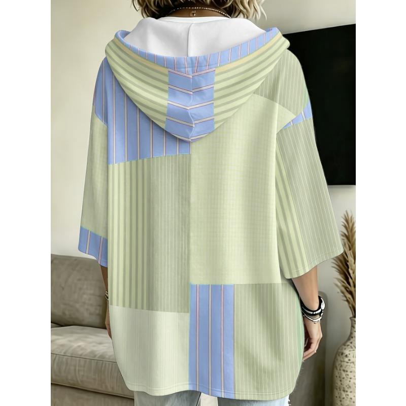 Plus size women's hooded top plaid striped patchwork loose dropped shoulder sleeves hoodie
