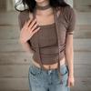 New Arrivals Open Run Women Choker Cropped Short Sleeve Knit Ribbed Side Shirred