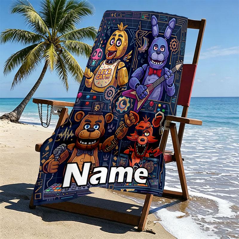 Personlig tilpasset strandhåndkle med navn, Five Nights at Freddy's-trykk, for reise, camping, strandfest, hjemmedekor, bursdagsgave til familie og venner