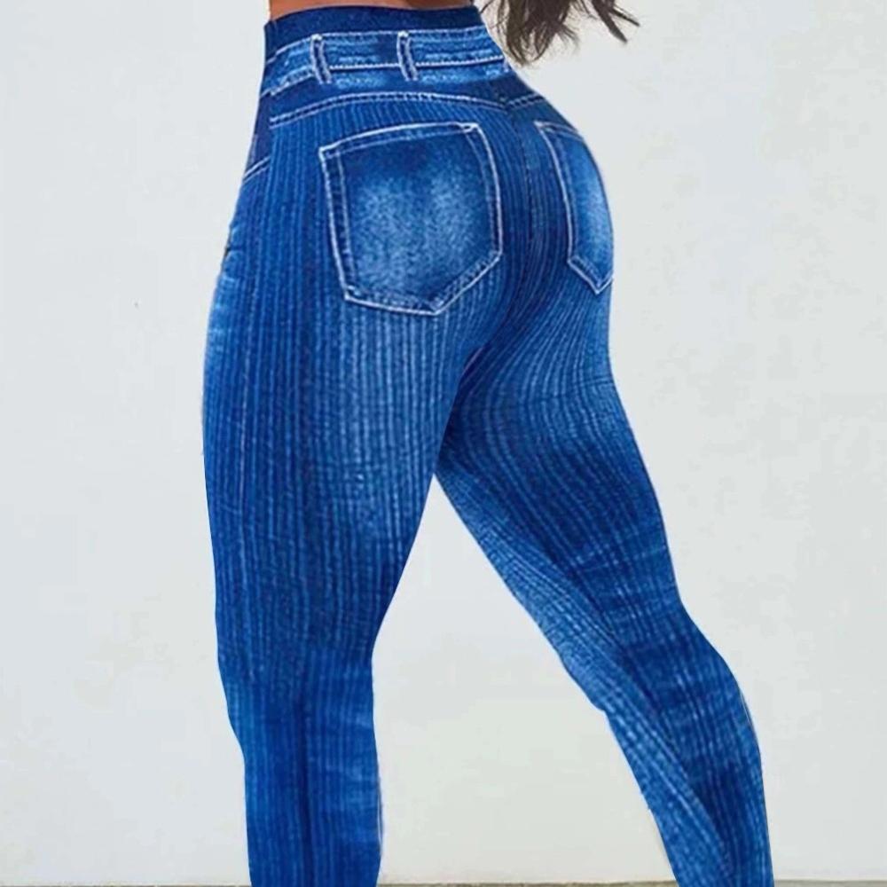 Übergröße Mode Sportliche Leggings Damen Übergröße Denim-Print Hoher Bund Leichte Dehnung Capri-Leggings