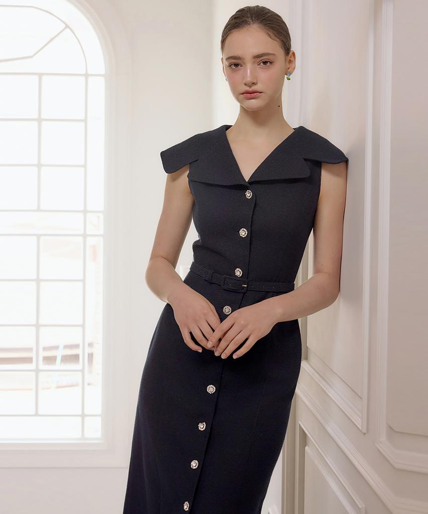 Julie And Kara 25Hs Collar124 Terroir Line Terroir Queen Sleeveless Tweed Dress Navy