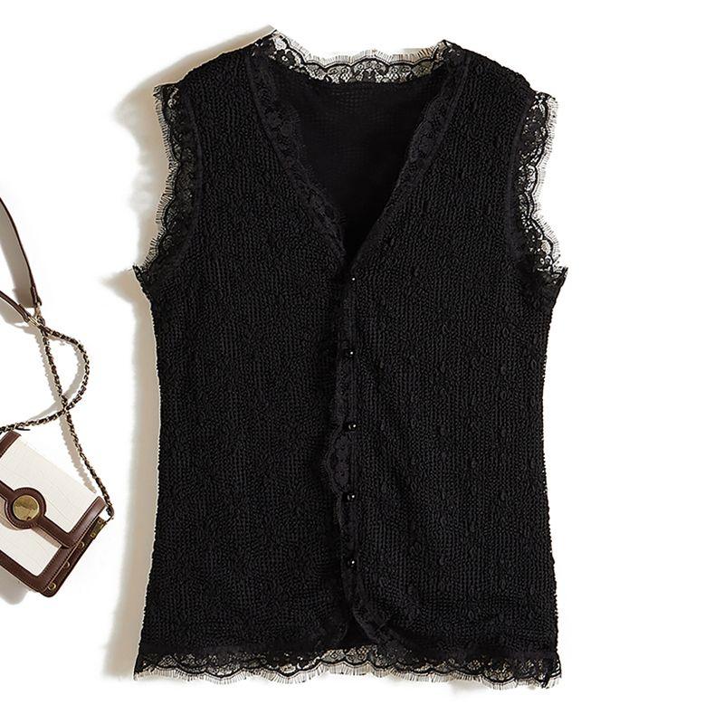 

Basic Wear and Match! Floral Lace V-neck Single Breasted Sleeveless Vest Women s Summer Lace Edge T-shirt Can Be Inner Wear Outer Wear Black 4XL