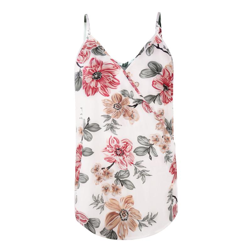 Kvinner V-hals Floral Tank Tops Dame Sommerferie Uformell Løs Vest T-skjorte