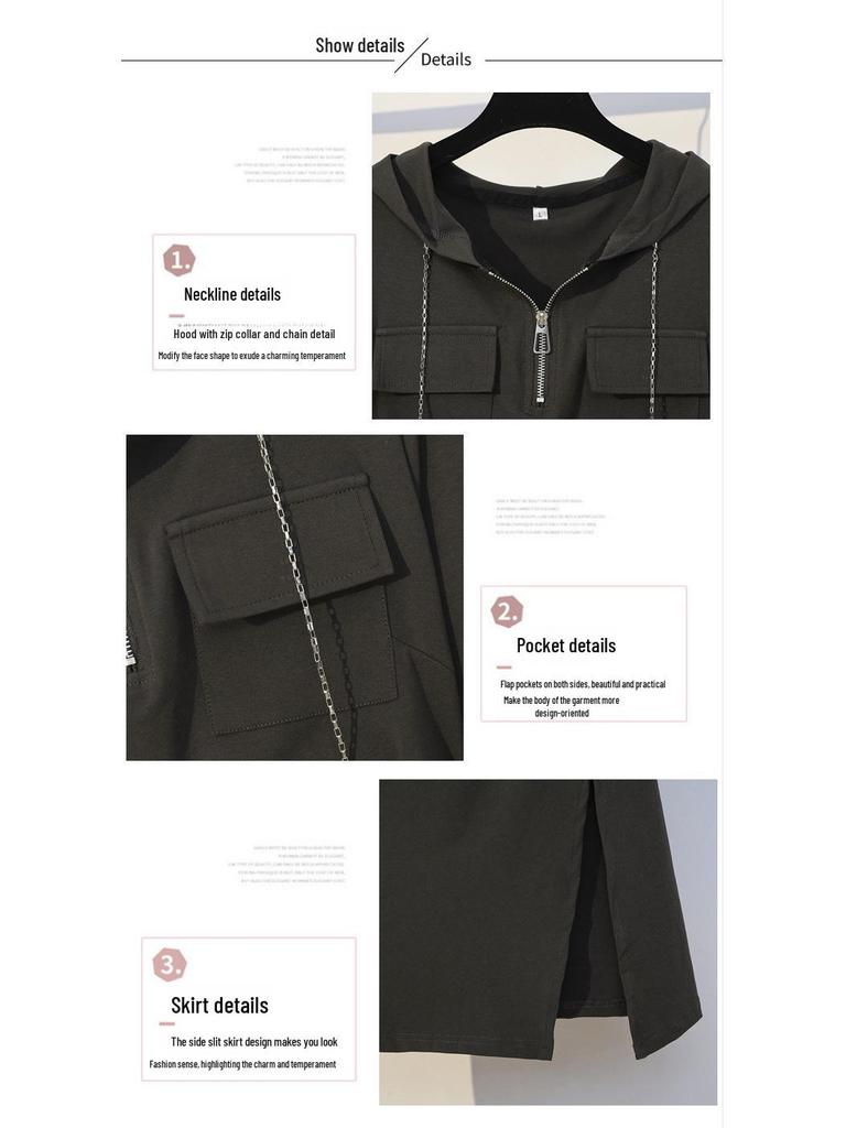 2023 Autumn Hooded Zipper Slit Dress for Women - Large Size, Slimming, Belly-Covering, Age-Reducing Style