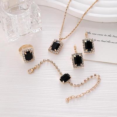 Women's Rhinestone Jewelry Set: Geometric Necklace, Ring, Bracelet & Earrings - 4-Piece Bridal Collection