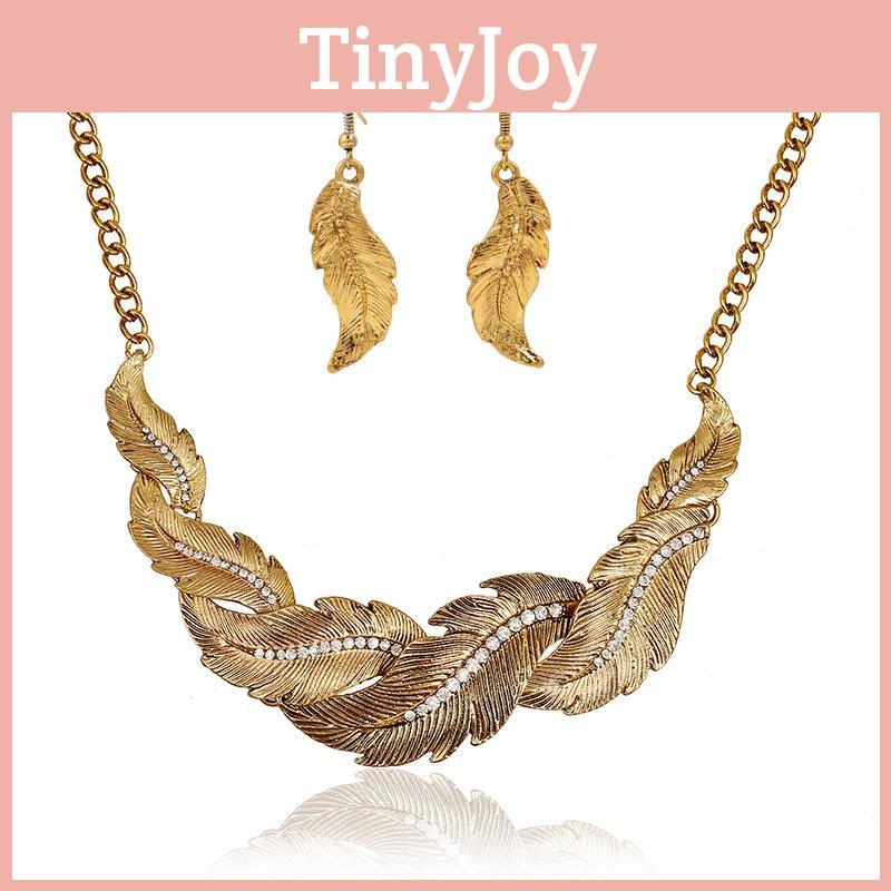 Rhinestone Decoration Fashion Feather Design Women Gold Necklace And Set Earring