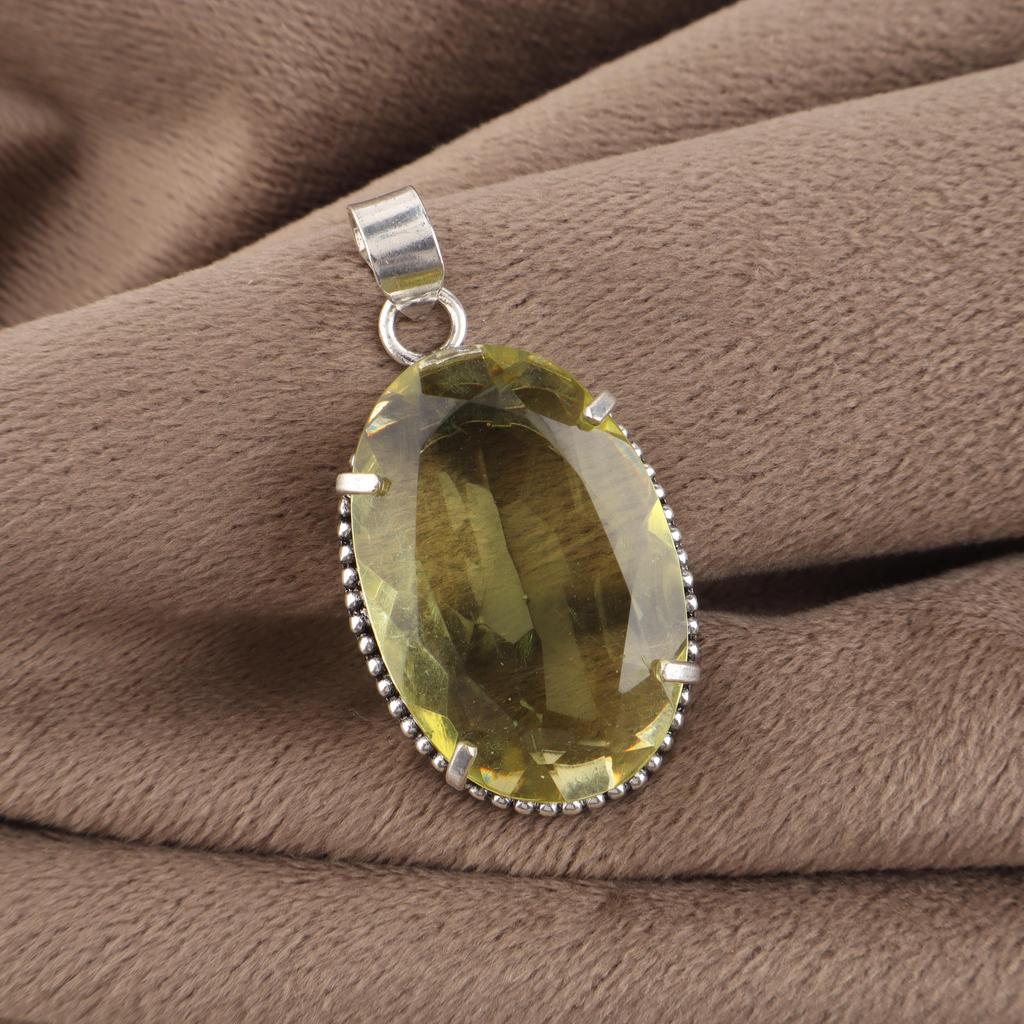 Green Amethyst Gemstone Silver Pendant 1.75" , 925 Sterling Silver Handmade Jewelry, Partywear Pendant Gift For Women PP-63-1