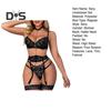 1 Set Sexy Bra Panties Garter Set Hollow Out See-through Lace Multi Strap High Waist Chain Decor Fishnet Elastic Thin Halter Neck Honeymoon Wedding
