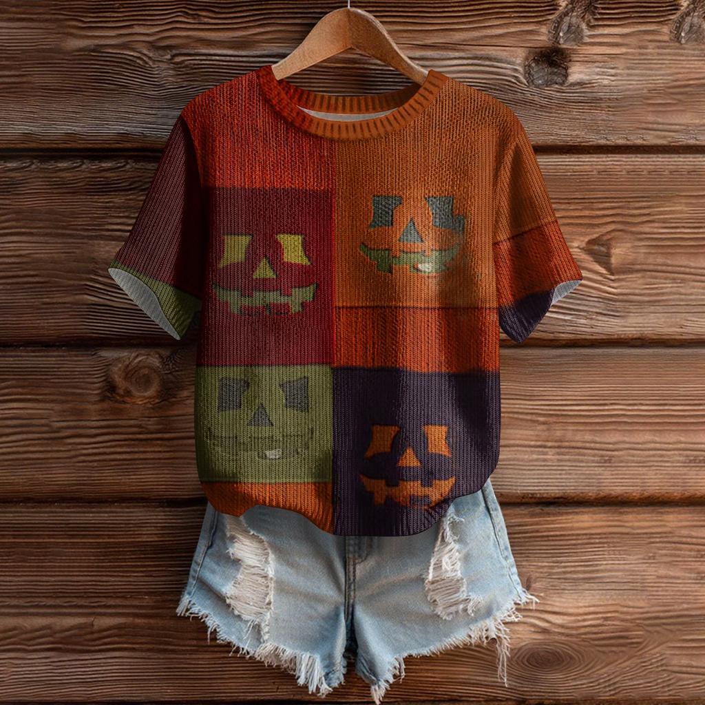 Women's Cute Sweater Knitted Fashion Casual Round-neck Short-sleeved  Cozy Print Top