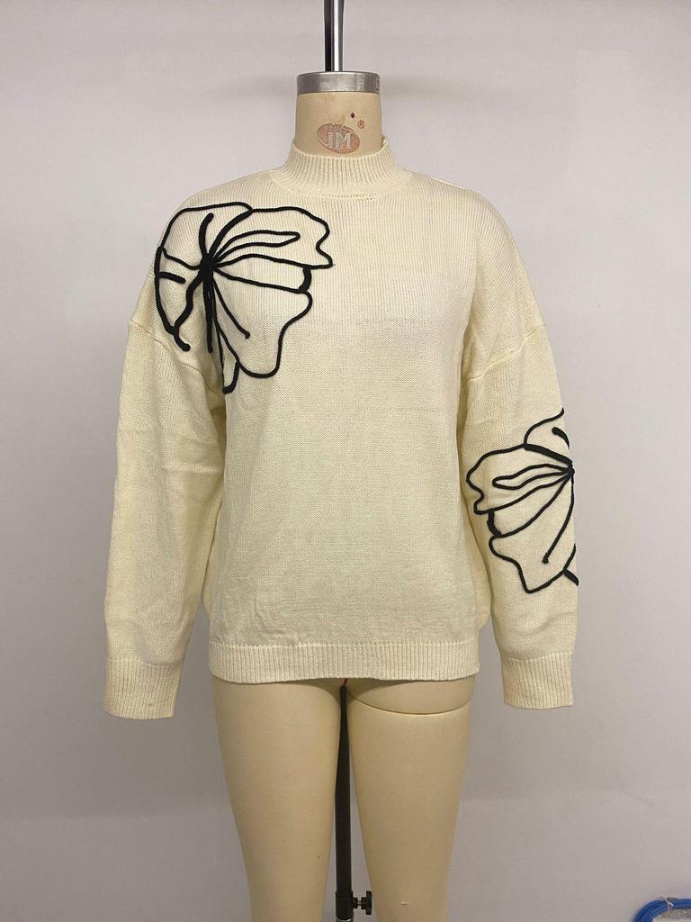2026 European & American High Neck Floral Long Sleeve Sweater for Women - Autumn & Winter Fashion