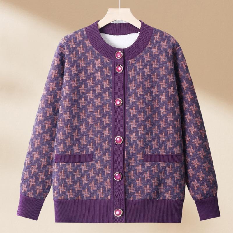 Mom Winter Knitted Sweater Medium and Old Women's Cardigan Winter Top Elderly Grandma Pocket Casual Sweater