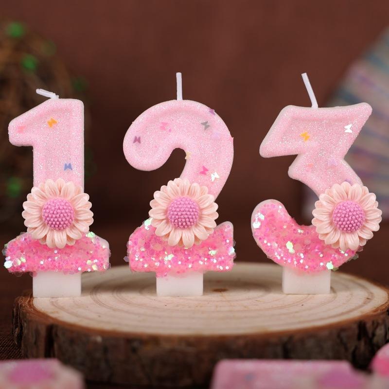 Creative Pink Flowers Birthday Numbers Candles Party Supplies Cake Decoration Sunflowers
