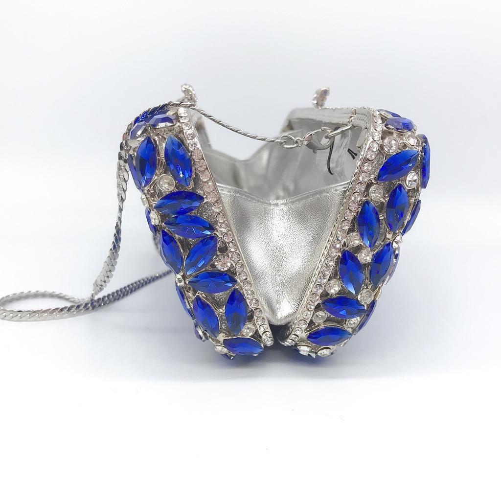 WHTUOHENG Blaue Strasssteine Silbernes Metall Abend-Clutch-Tasche Für Damen Kristall Hochzeit Braut Handtasche Diamant Party Abschlussball Clutches