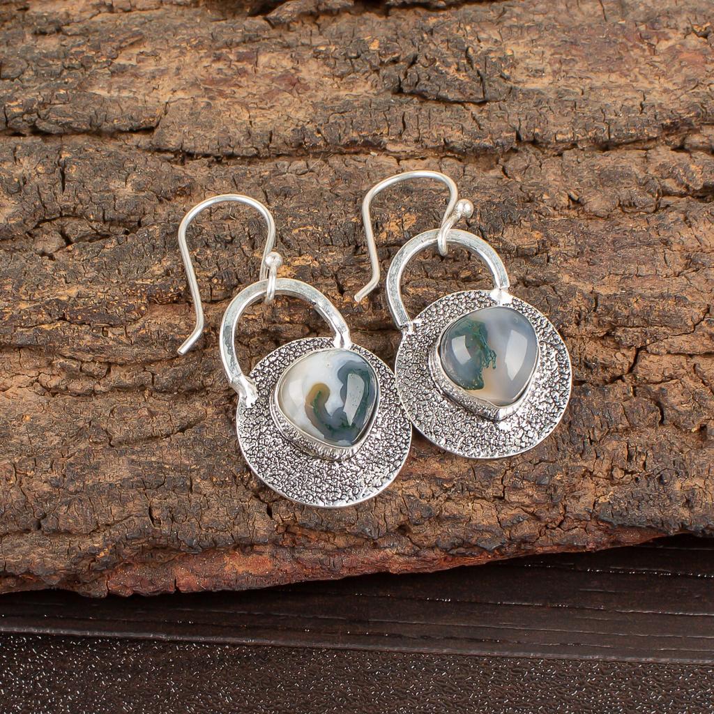 Natural Moss Agate Gemstone 925 Sterling Silver Handmade Dangle Earrings 1.30" EE-63-26