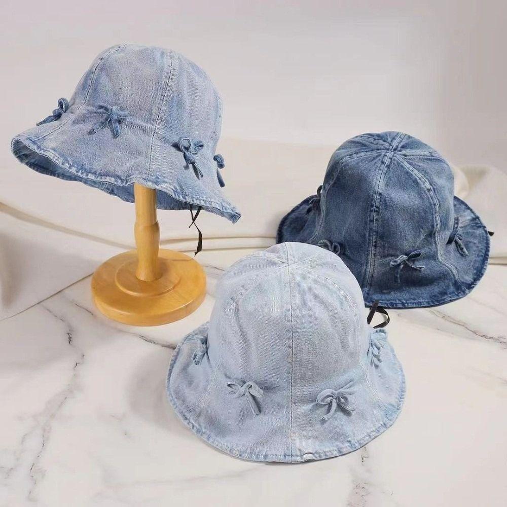 Korean Style Bow Fisherman Hat Sweet Sunscreen Hat Fashion Denim Bucket Hats  For Women