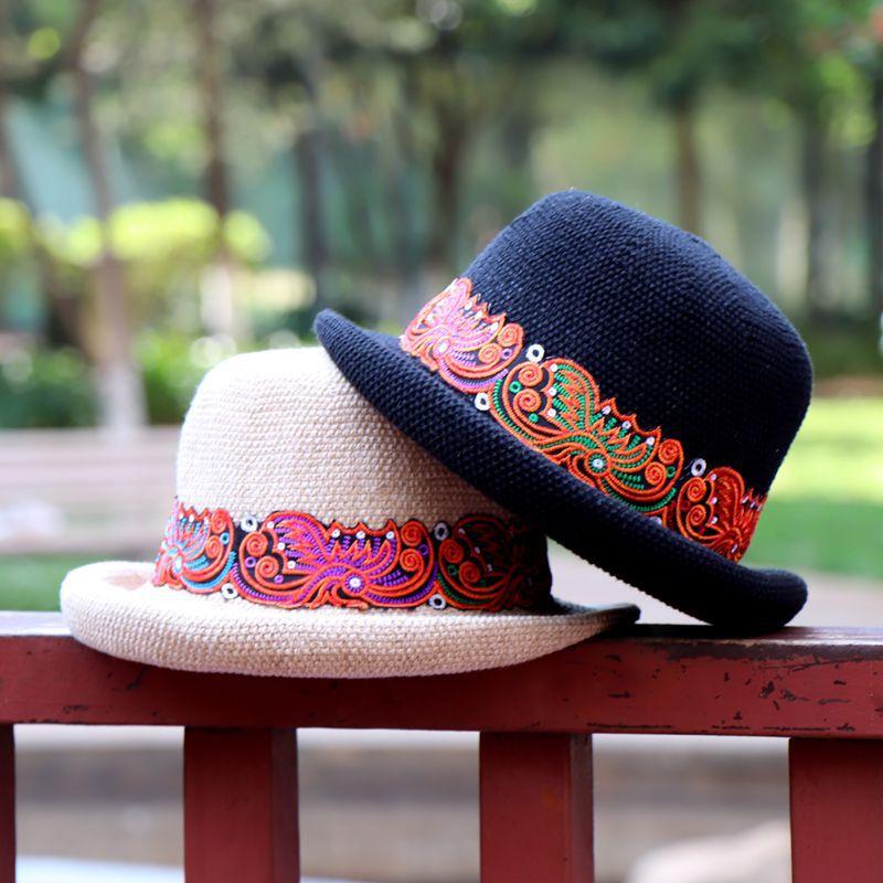 Yunnan ethnic wind cotton and linen leisure spring and summer travel embroidery hat, sunshade embroidery hat wholesale
