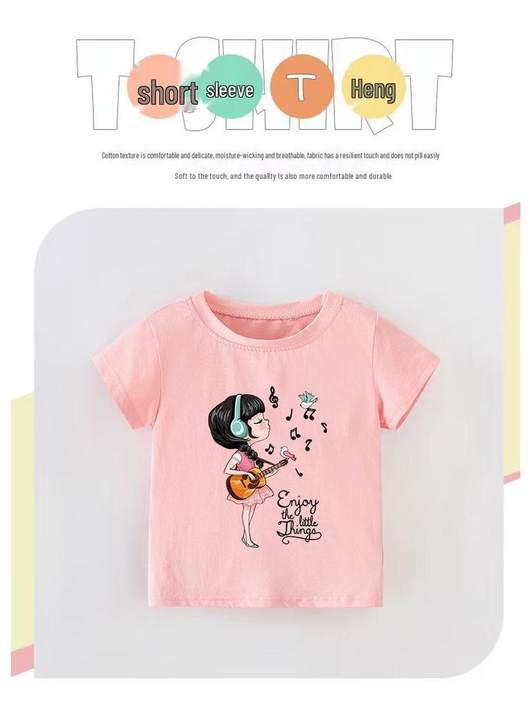 New European Style Girls' Cartoon T-Shirt - Round Neck, Short Sleeve, Summer Wear for Kids